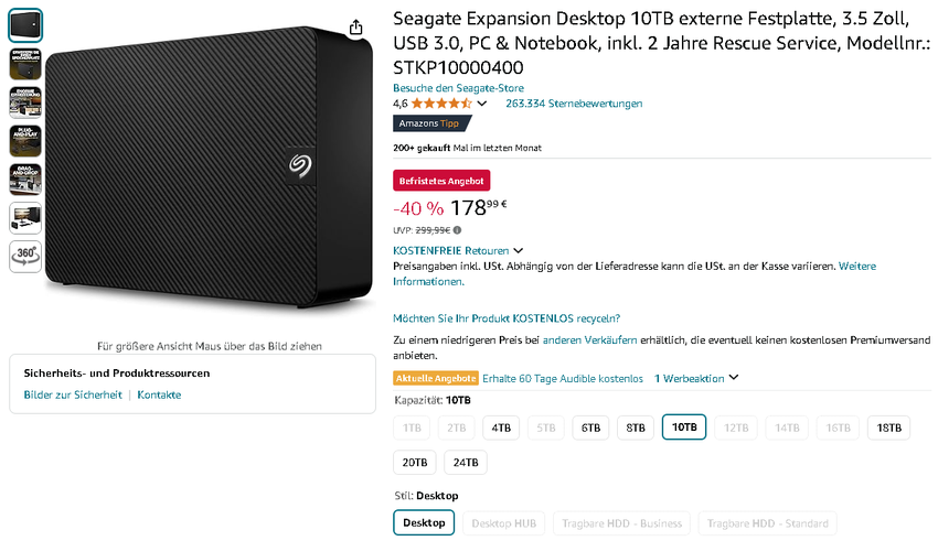 Screenshot der Seagate Expansion Desktop 10TB