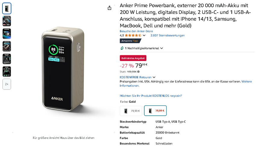 Screenshot der Anker Prime Powerbank