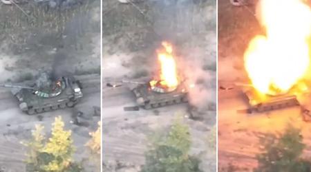 Ukrainische FPV-Drohnen mit Artillerie zerstörten einen russischen modernisierten T-72B3-Panzer