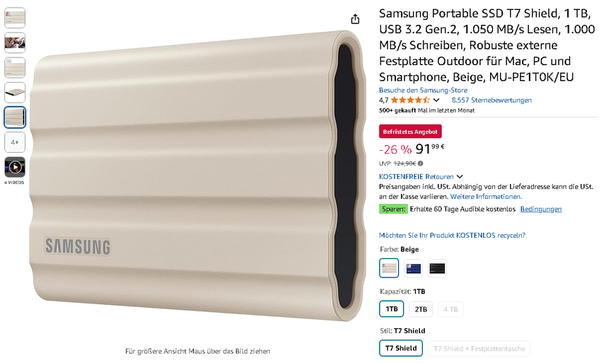 Screenshot der Samsung T7 Shield. Quelle: Amazon