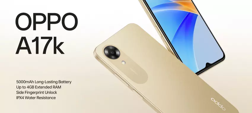 OPPO A17k: MediaTek Helio G35-Chip, 5000-mAh-Akku, IPX4-Schutz und seitlicher Fingerabdruckscanner für 126 Dollar