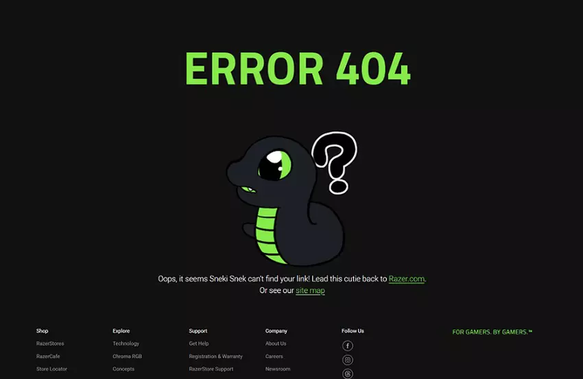 Screenshot einer 404-Fehlermeldung auf der Razer-Website