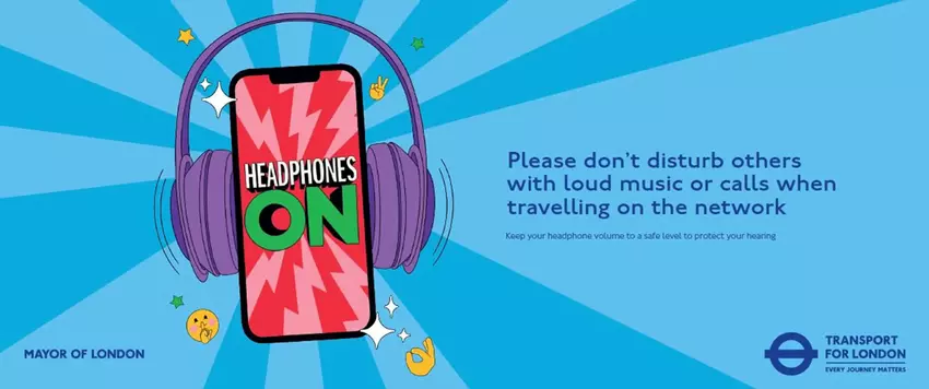 Plakat zur Wichtigkeit der Benutzung von Kopfhörern im öffentlichen Verkehr