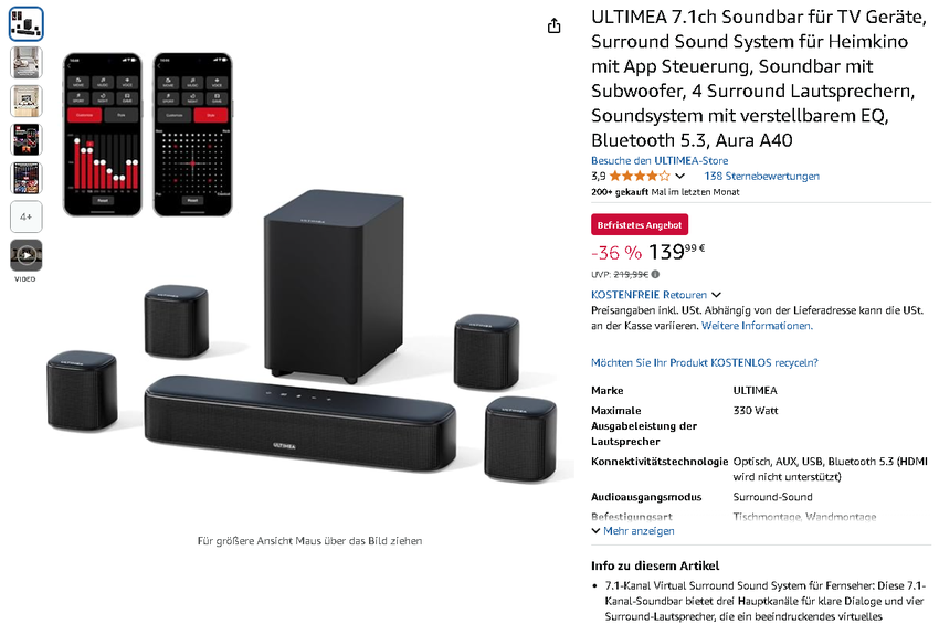 Screenshot der ULTIMEA Aura A40 Soundbar