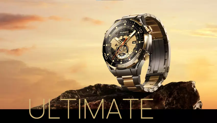 Die Huawei Watch Ultimate Gold Edition mit goldenen Gehäuseelementen, Saphirglas und Titanarmband ist in Europa für 2.999 Euro erhältlich