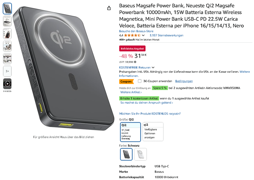 Screenshot der Baseus Magsafe Power Bank