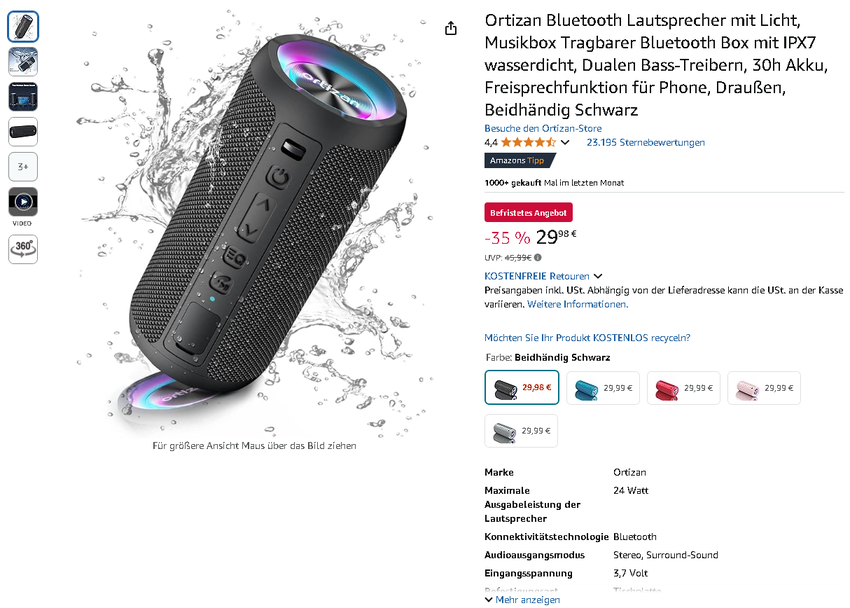 Screenshot des Ortizan Bluetooth Lautsprechers