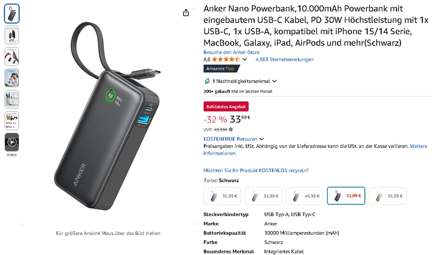 Screenshot der Anker Nano Powerbank