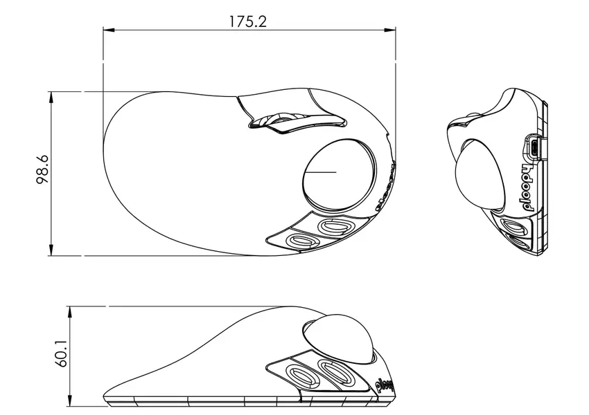 Abmessungen des Classic 2 Trackballs. Illustration: Ploopy