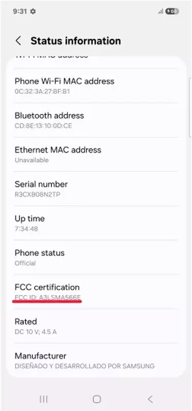 Screenshot der Galaxy A56 Smartphone-Informationen aus der FCC-Datenbank
