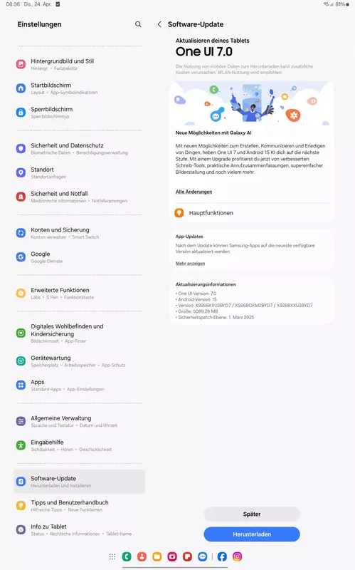 Screenshot des One UI 7.0 Updates für das Galaxy Tab S10 Ultra