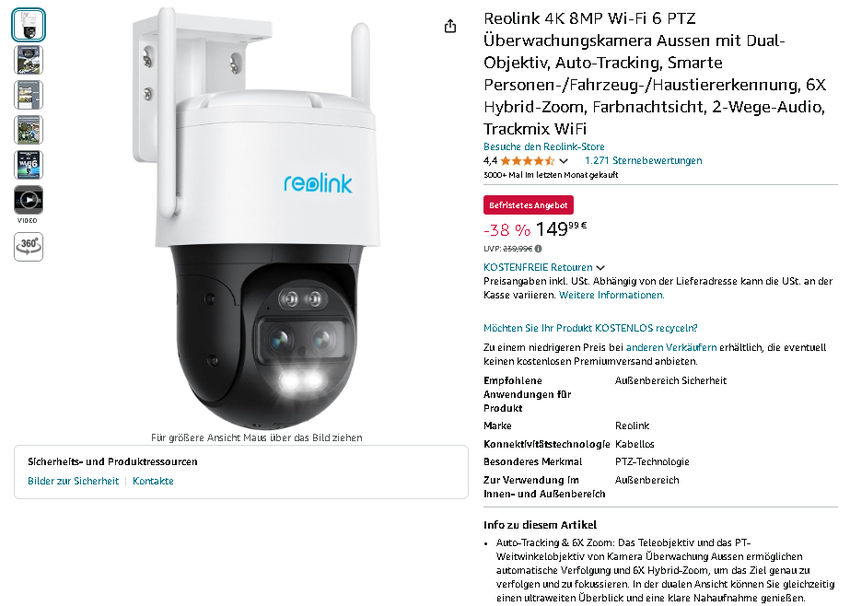 Screenshot der Reolink PTZ 4K Kamera