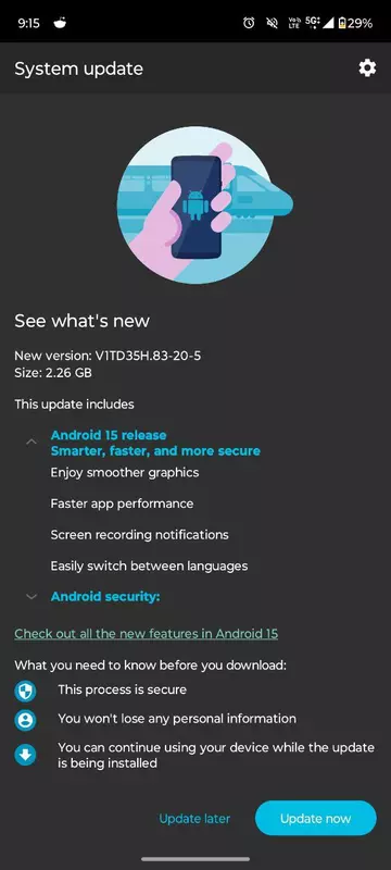 Screenshot des Moto G64 5G-Updates auf Android 15