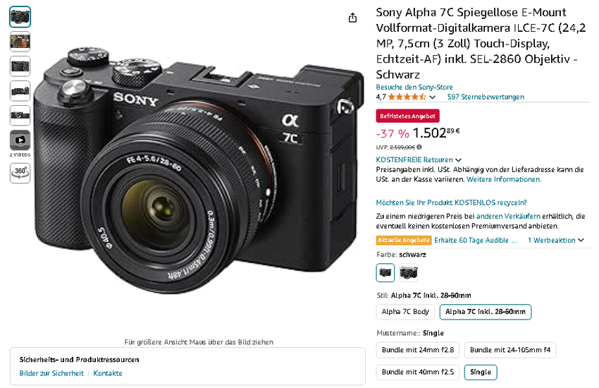 Screenshot der Sony Alpha 7C Kamera