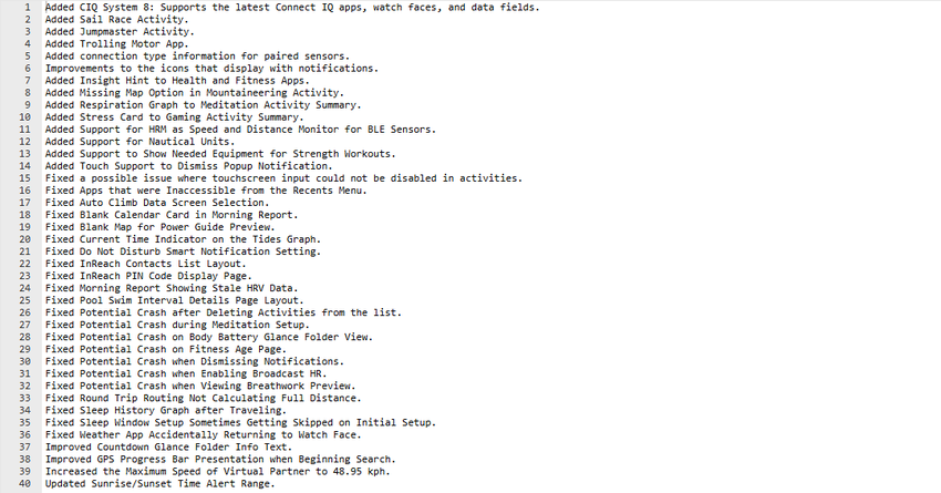 Eine Liste von Fehlerbehebungen für die Updates der Fenix 8, Fenix 8 Solar, Fenix E und Enduro 3 Smartwatch. Illustration: Garmin