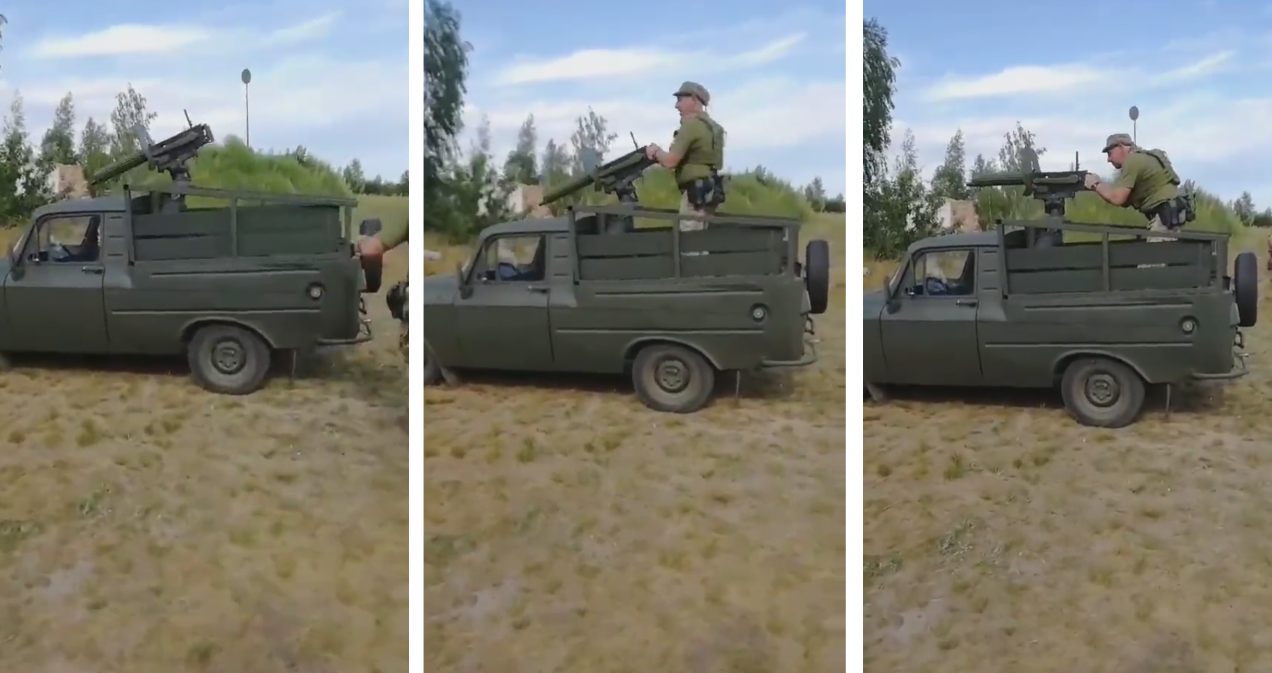 Das ukrainische Militär installierte das Maxim-Maschinengewehr von 1910 auf dem sowjetischen Auto Izh-2715 Das ukrainische Militär installierte das Maxim-Maschinengewehr von 1910 auf dem sowjetischen Auto Izh-2715