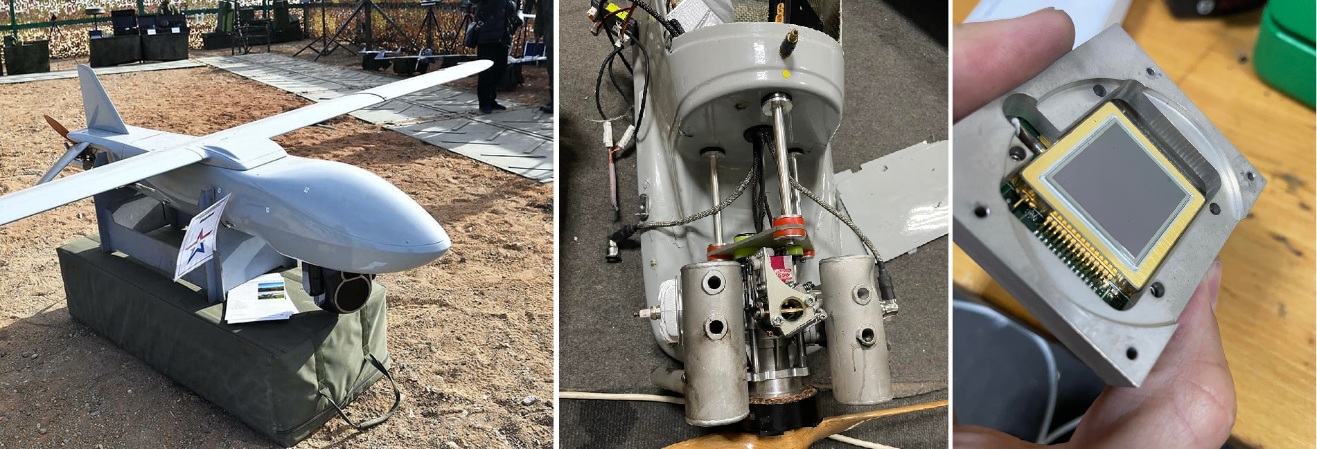 In der experimentellen russischen Drohne „Merlin-VR“ fand man einen Plastikkanister mit einem Griff und einer französischen Wärmebildkamera In der experimentellen russischen Drohne „Merlin-VR“ fand man einen Plastikkanister mit einem Griff und einer französischen Wärmebildkamera