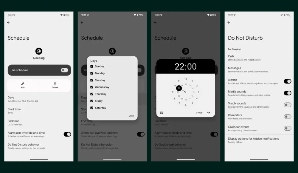 In Android 15 können Benutzer ihren eigenen Zeitplan erstellen, um den Nicht stören-Modus zu steuern. In Android 15 können Benutzer ihren eigenen Zeitplan erstellen, um den Nicht stören-Modus zu steuern.