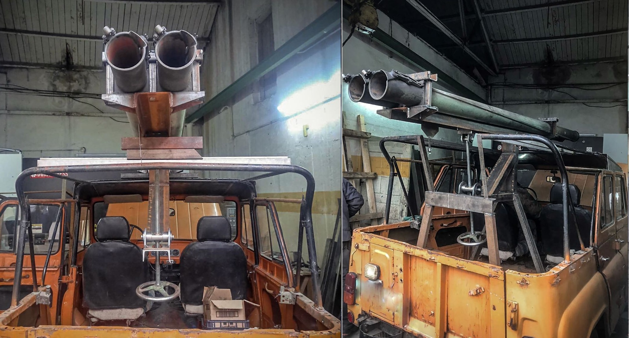 Das ukrainische Militär zeigte ein „Banderomobil“ mit zwei Rohren des Grad MLRS, das auf einem zivilen Auto basiert Das ukrainische Militär zeigte ein „Banderomobil“ mit zwei Rohren des Grad MLRS, das auf einem zivilen Auto basiert