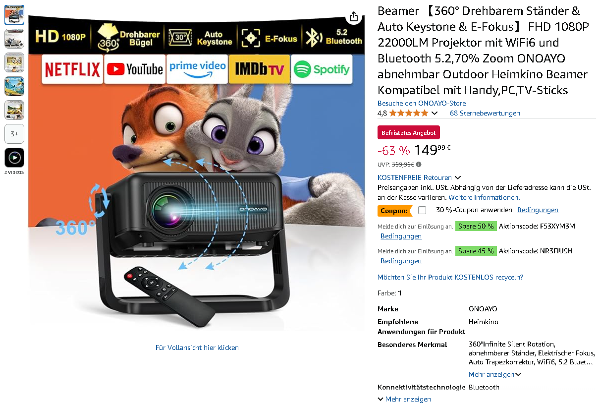 ONOAYO AY3 Beamer mit 360° Rotation – Sensationelle 250€ Ersparnis bei Amazon! ONOAYO AY3 Beamer mit 360° Rotation – Sensationelle 250€ Ersparnis bei Amazon!