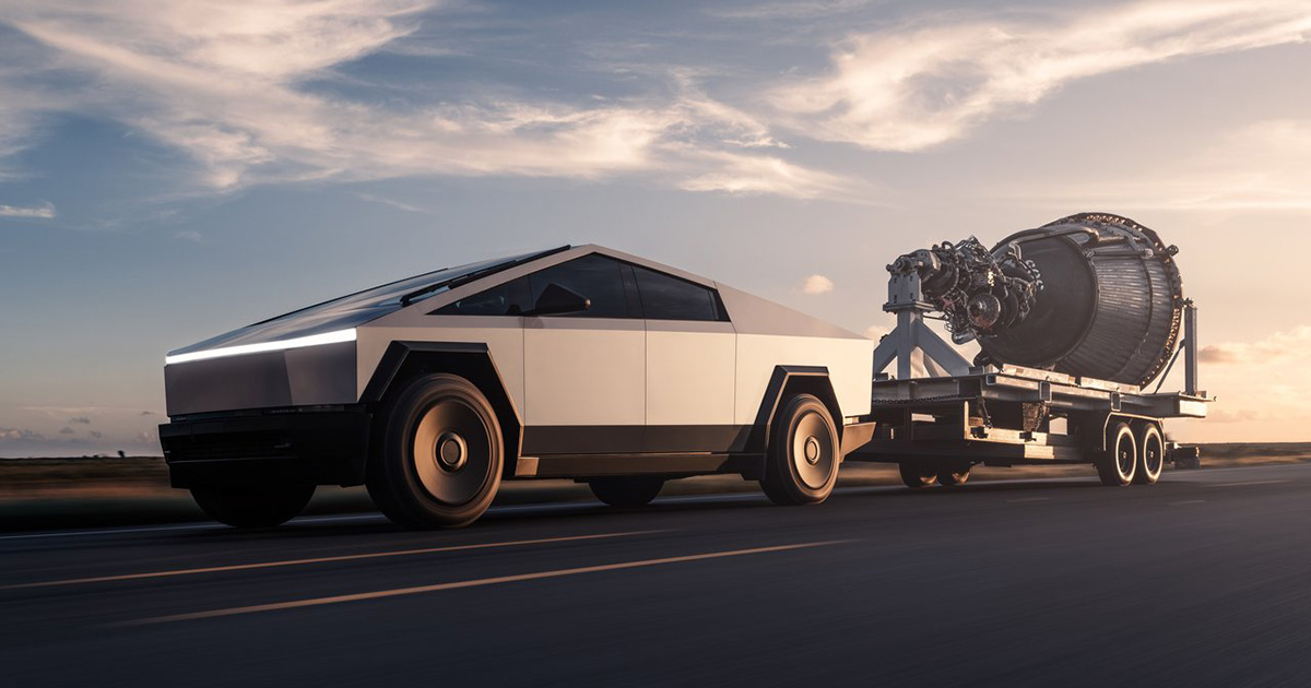 Tesla und Raumfahrttechnik: Cybertruck schleppt Raketentriebwerk Tesla Cybertruck auf der nächsten Stufe: Abschleppen eines Raketentriebwerks