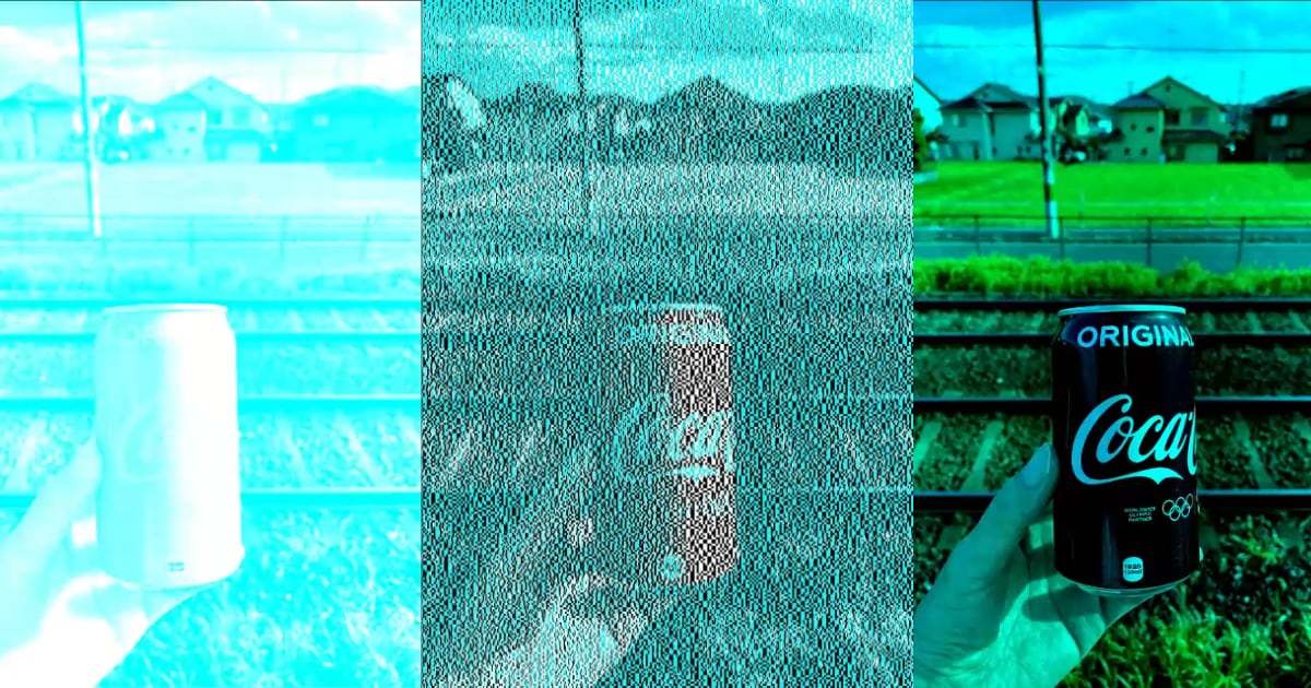 Ein Foto einer Coca-Cola-Dose, die rot aussieht, aber nur aus schwarzen und blauen Pixeln besteht, wird in den sozialen Medien geteilt - wie funktioniert das? Ein Foto einer Coca-Cola-Dose, die rot aussieht, aber nur aus schwarzen und blauen Pixeln besteht, wird in den sozialen Medien geteilt - wie funktioniert das?