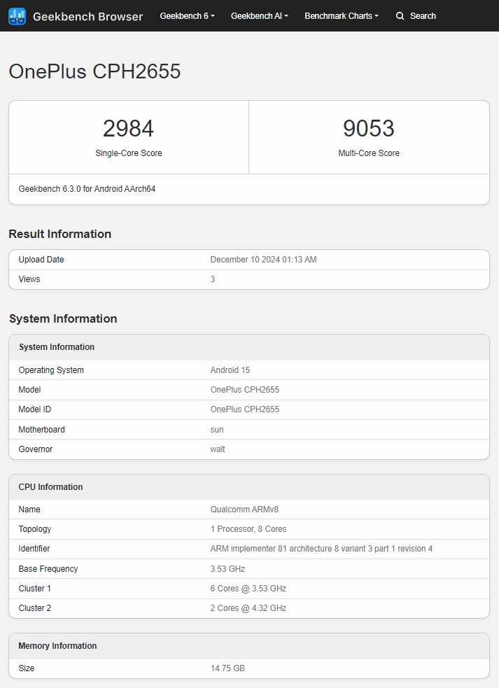 OnePlus 13 Leistungstestergebnisse auf der GeekBench-Plattform