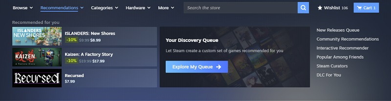 Aktualisiertes Steam 1-Shop-Menü