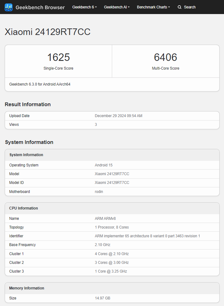 Illustration: Geekbench Dimensity 8400-Ultra Prozessor Testergebnis im Redmi Turbo 4 Smartphone