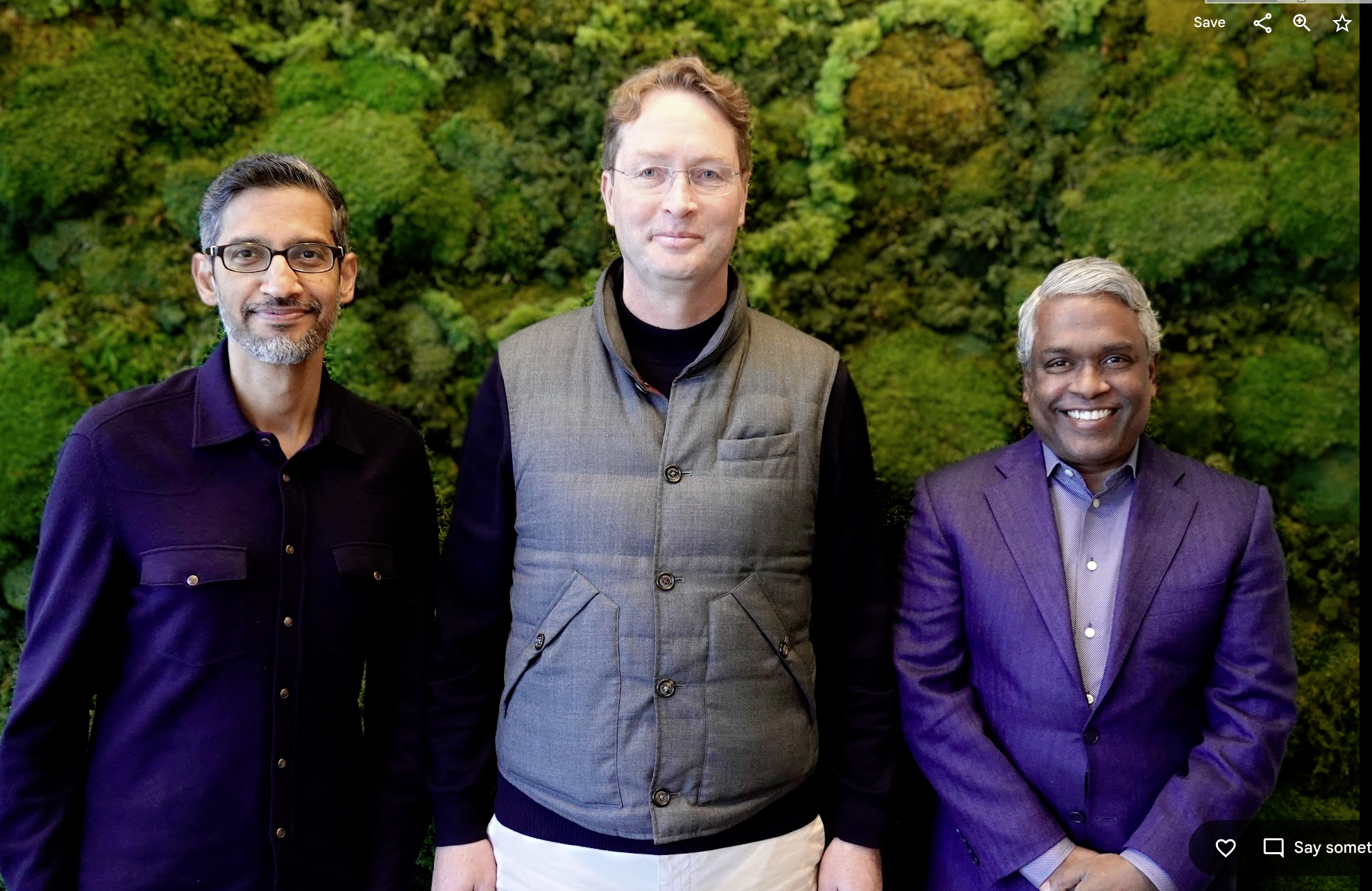 Sundar Pichai, Ola Kallenius und Thomas Kurian CEOs von Google und Mercedes-Benz bei einer Pressekonferenz
