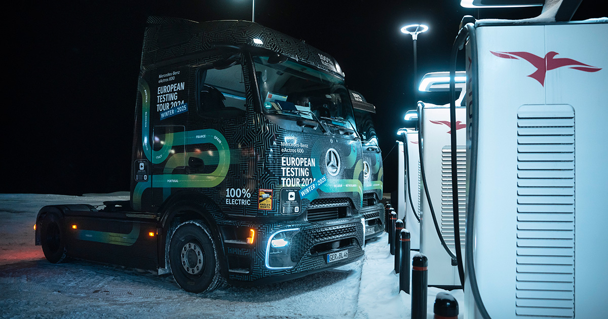 Europatournee des eActros 600 auf winterlichen Straßen. Bild: Daimler Truck