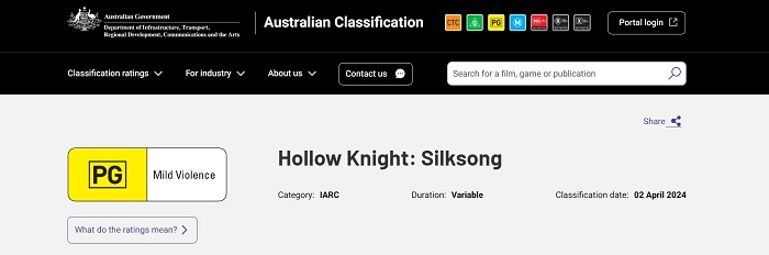 Hollow Knight: Silksong hat in Australien eine Altersfreigabe erhalten - die Veröffentlichung des mit Spannung erwarteten Spiels könnte sehr bald erfolgen-2 Hollow Knight: Silksong hat in Australien eine Altersfreigabe erhalten - die Veröffentlichung des mit Spannung erwarteten Spiels könnte sehr bald erfolgen-2