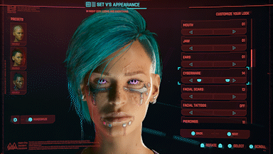 Ein ganzer Bildschirm zur Charakteranpassung in Cyberpunk 2077