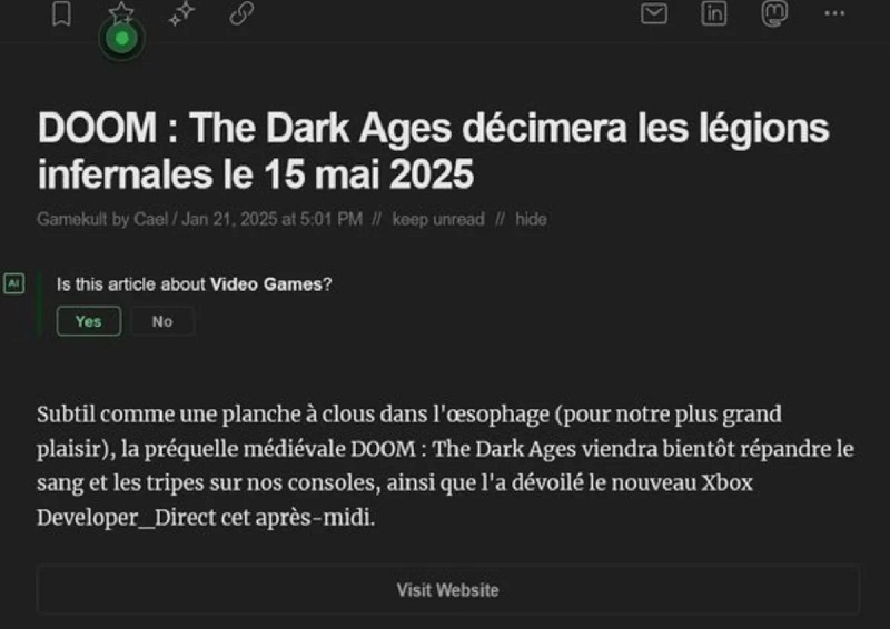 Screenshot des Artikels auf der Website von Gamekult Screenshot des Artikels auf der Website von Gamekult