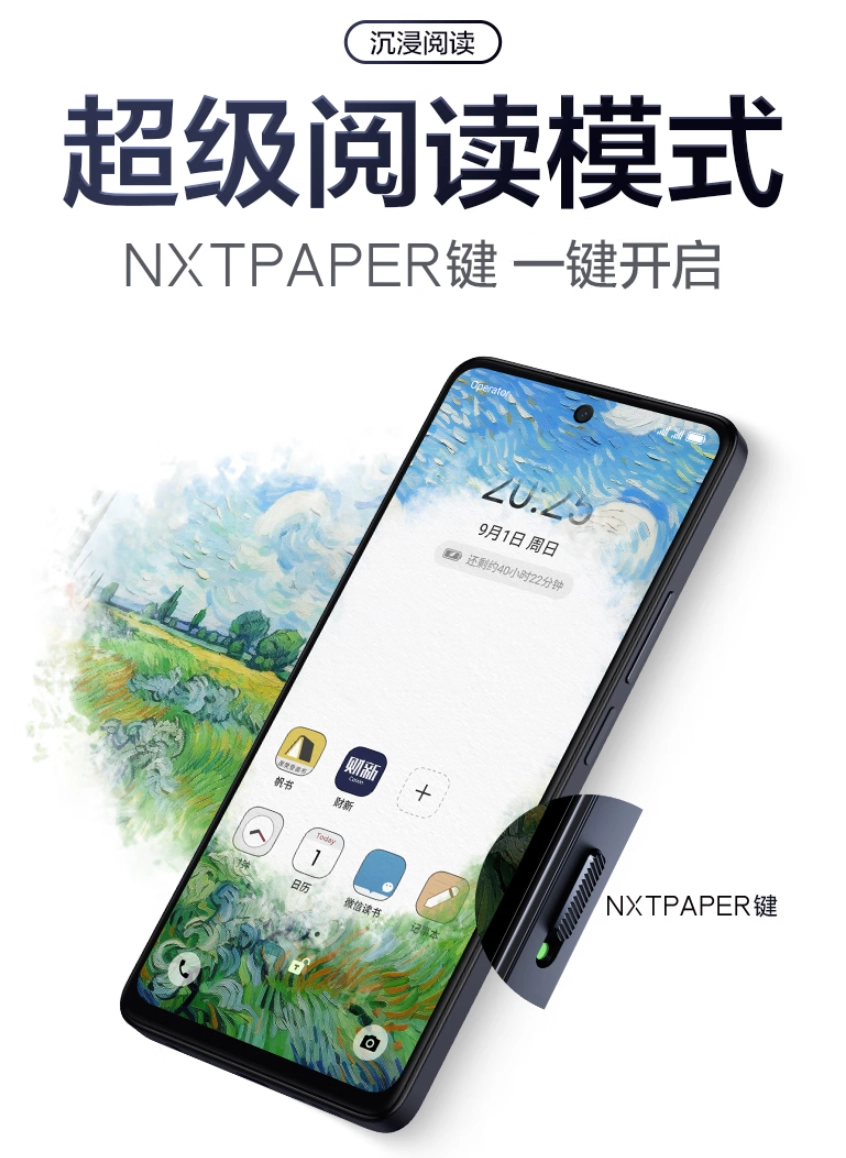 NXTPAPER-Schalter am Gehäuse des Smartphones Ein spezieller NXTPAPER-Schalter am Gehäuse des Smartphones