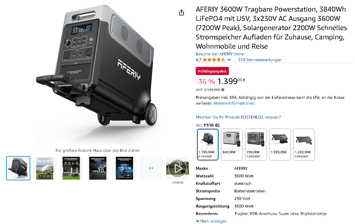 Screenshot der AFERIY 3600W Powerstation