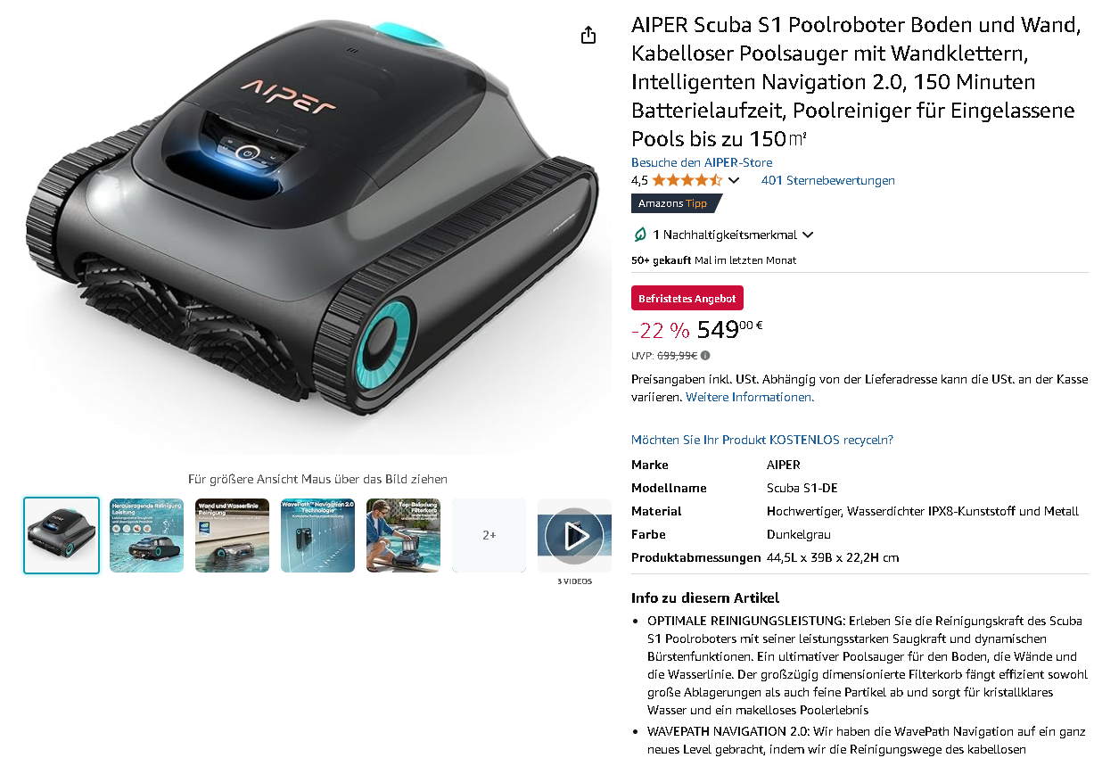 AIPER Scuba S1 Poolroboter Screenshot der AIPER Scuba S1