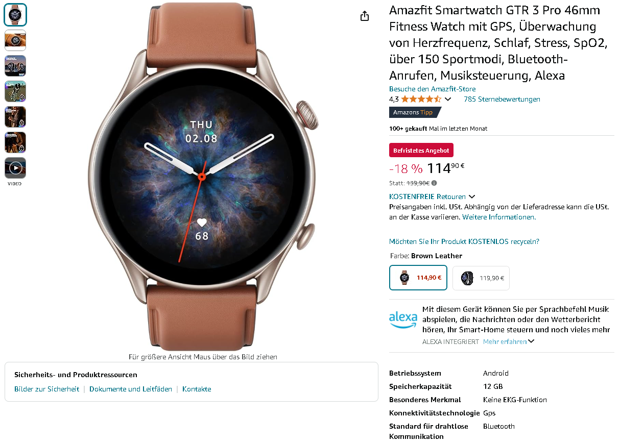 Amazfit GTR 3 Pro Smartwatch Screenshot der Amazfit GTR 3 Pro