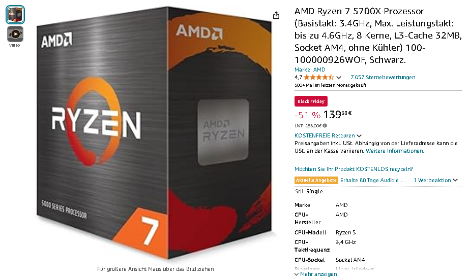AMD Ryzen 7 5700X Prozessor Screenshot Screenshot der AMD Ryzen 7 5700X