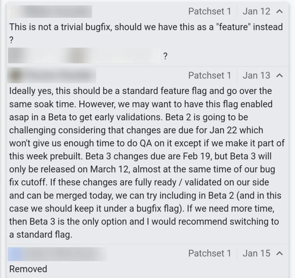 Bild mit Kommentaren zur Android 16-Version Ein Kommentar, der möglicherweise die Veröffentlichungstermine für die ersten drei Beta-Versionen von Android 16 verrät