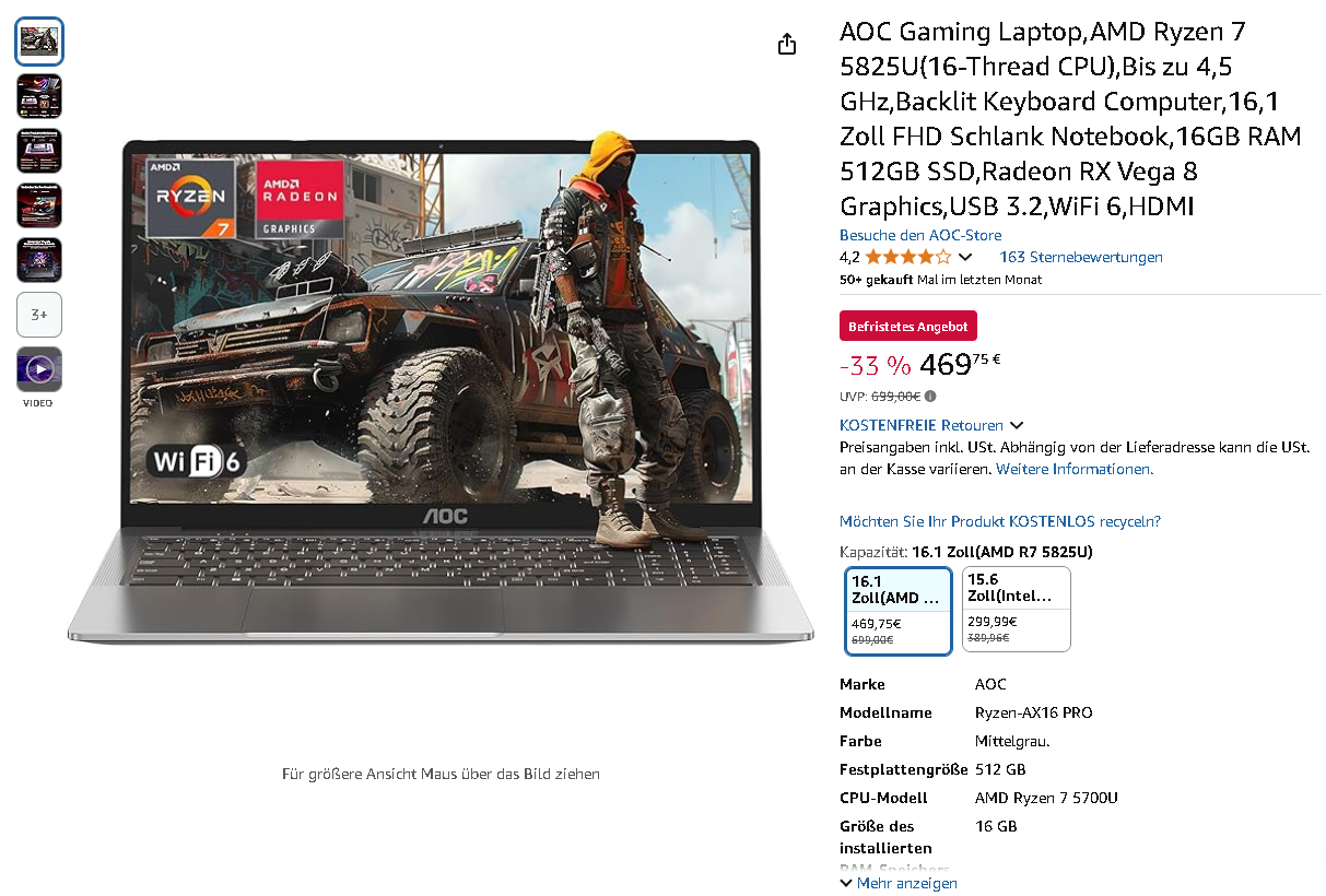 Screenshot der AOC Gaming Laptop