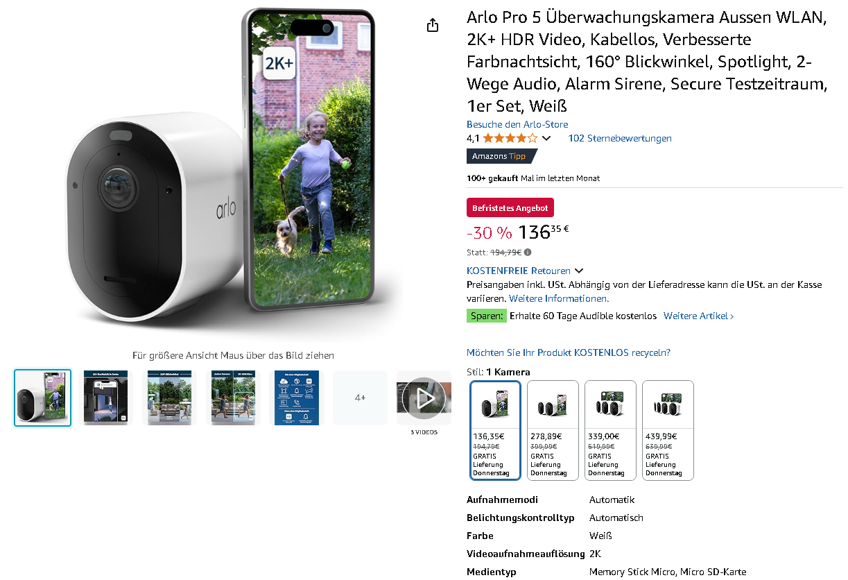 Arlo Pro 5 Sicherheitskamera Screenshot der Arlo Pro 5