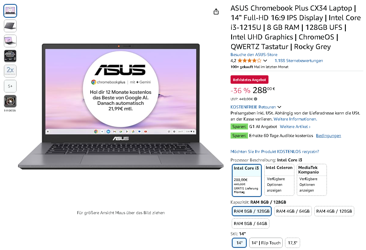 Screenshot der ASUS Chromebook Plus CX34