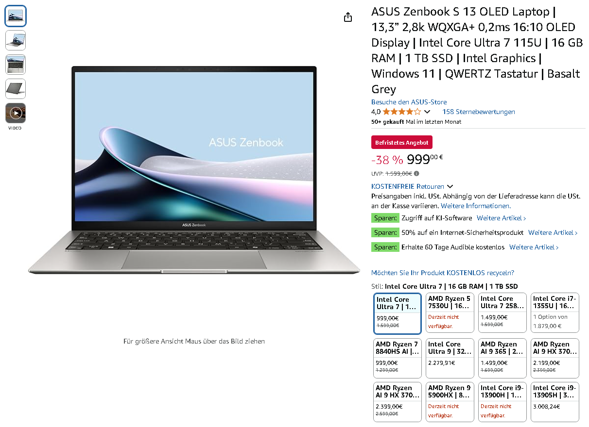 ASUS Zenbook S 13 OLED Laptop Screenshot