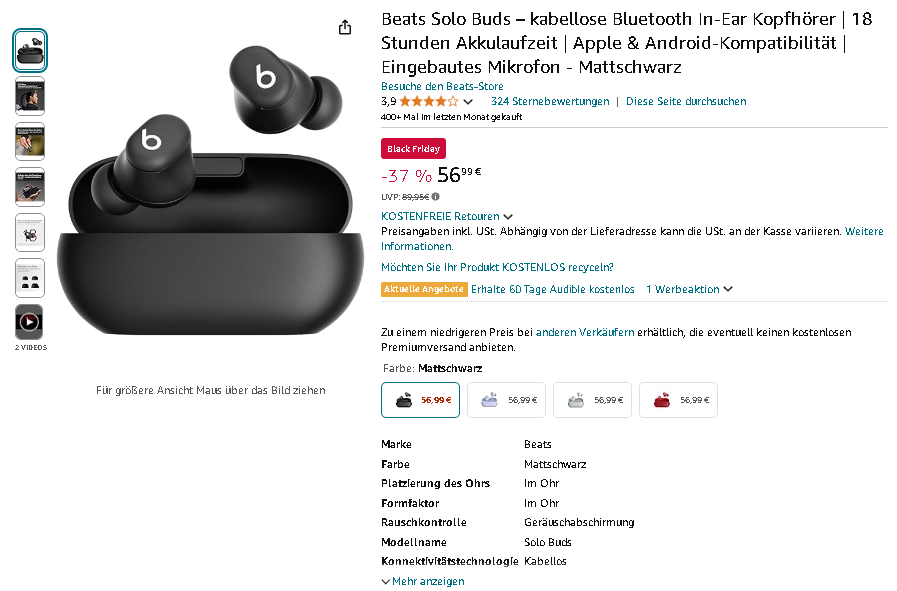 Screenshot der Beats Solo Buds. Quelle: Amazon Beats Solo Buds Kopfhörer
