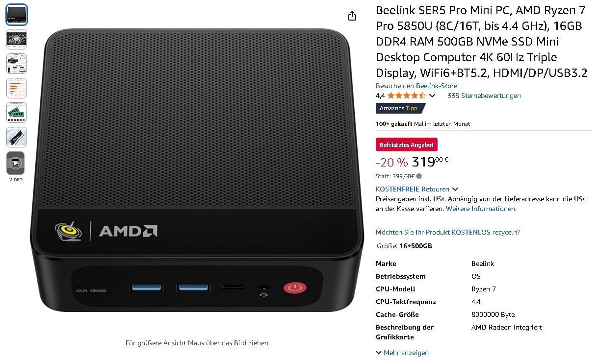 Beelink SER5 Pro Mini PC Screenshot des Beelink SER5 Pro Mini PCs