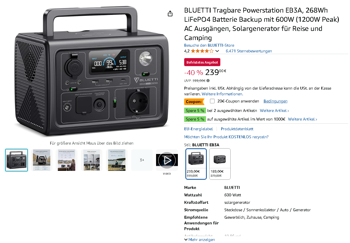 Screenshot der BLUETTI EB3A Powerstation