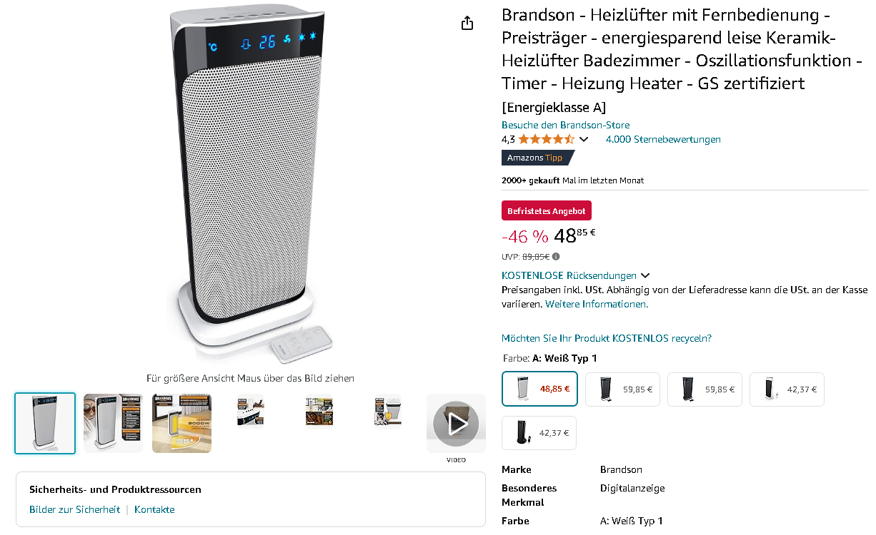 Screenshot der Brandson Keramik-Heizlüfter Brandson Keramik-Heizlüfter