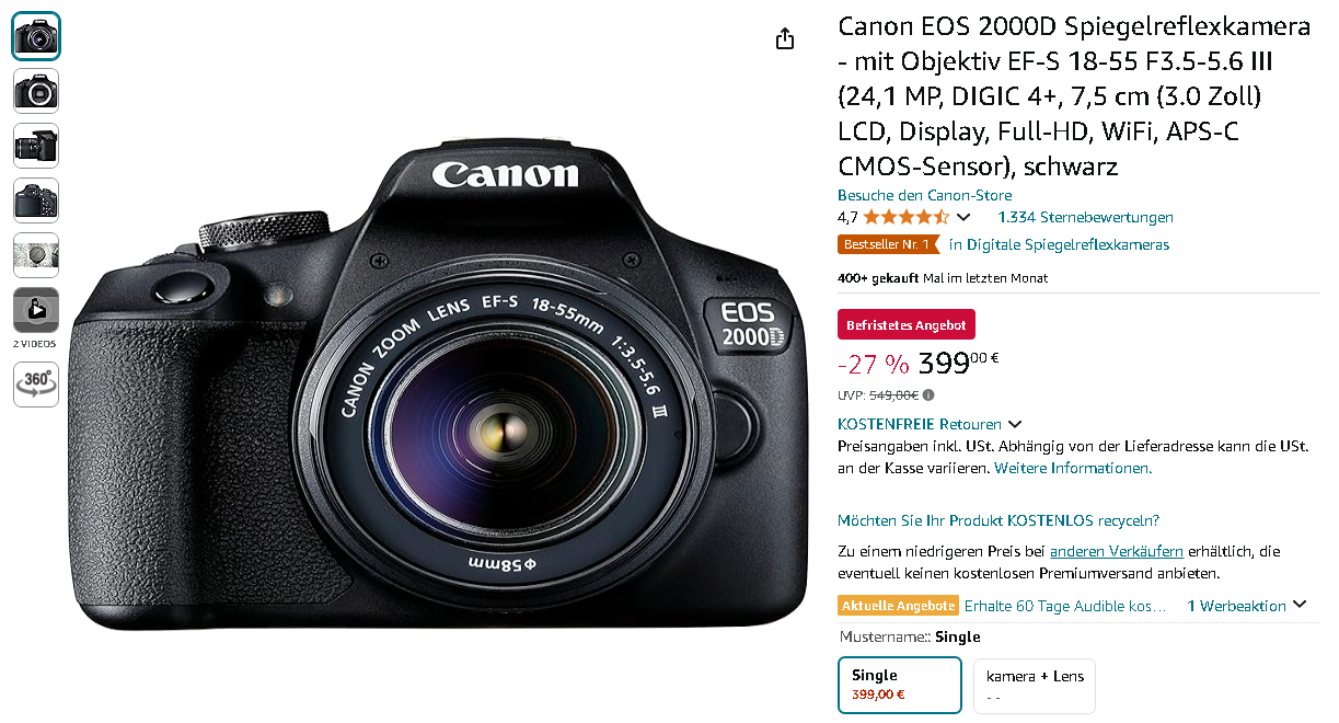 Canon Einsteiger-Kamera Canon EOS 2000D DSLR