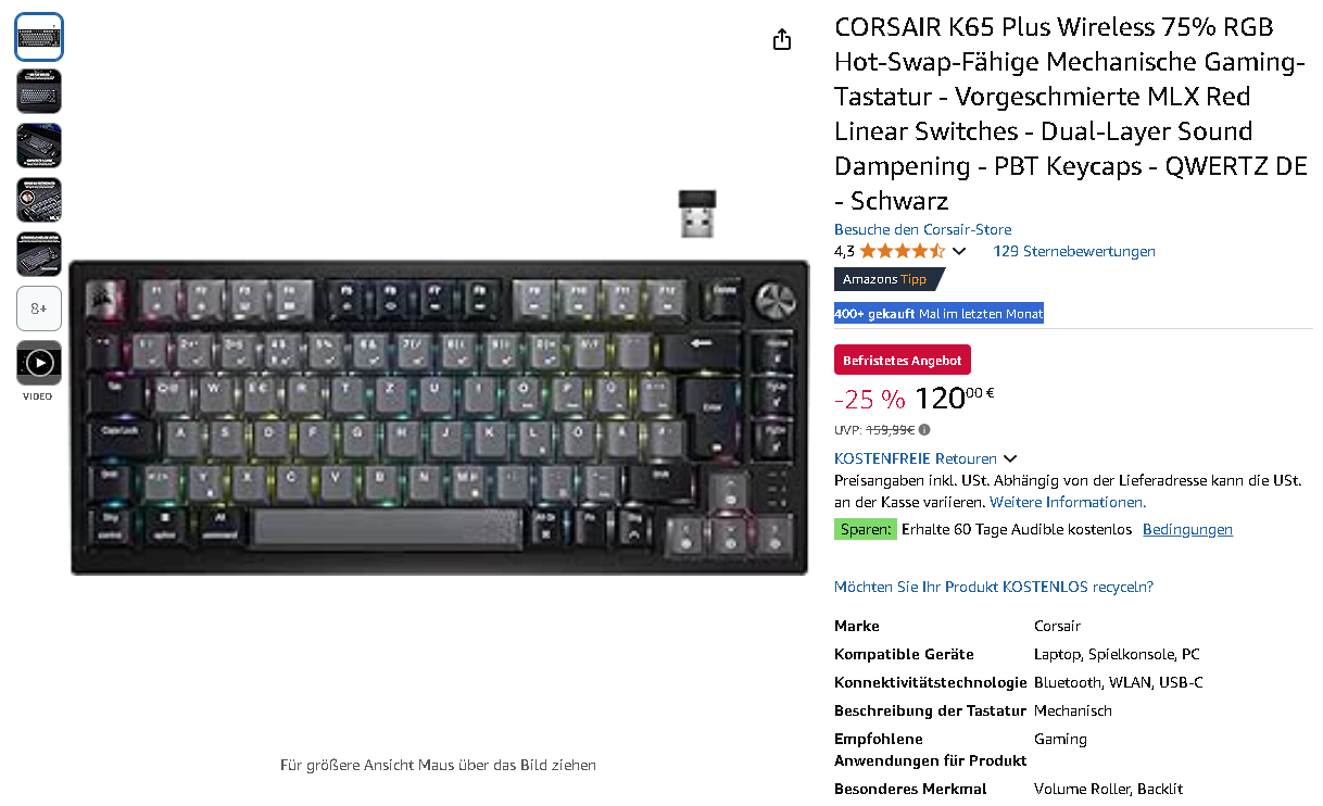 CORSAIR K65 Plus Wireless Gaming Tastatur CORSAIR K65 Plus Wireless Gaming Tastatur